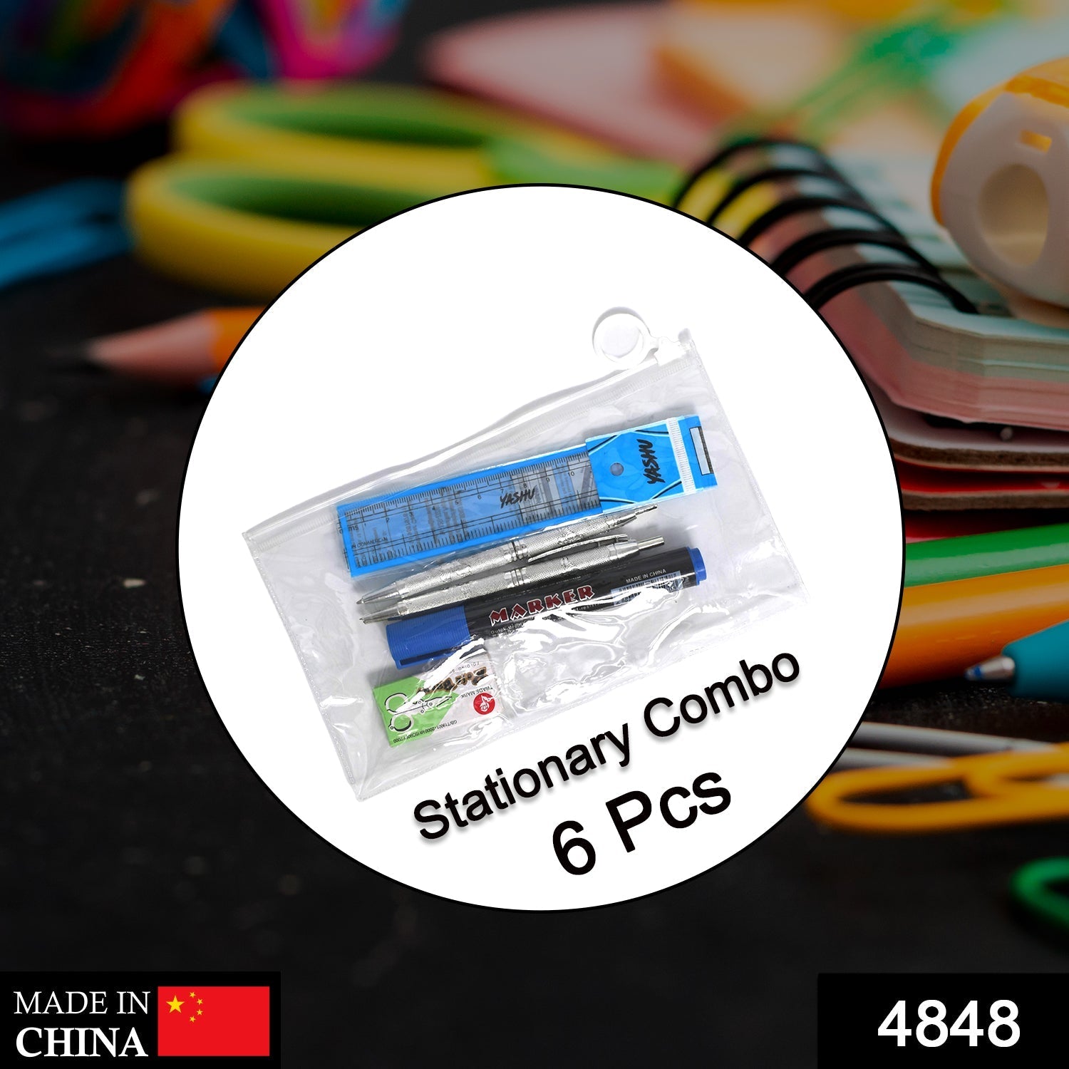 4848 6-Pcs Combo Zipper Pouch scissor Ruler Pen And Marker Used While Studying By Teachers And Students In Schools And Colleges Etc.