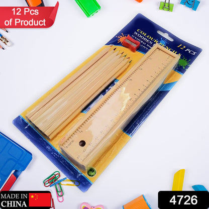 Colorful Wooden Pencil Set with Pencil box, Ruler, Sharpener For for Kids, Artist, Architect