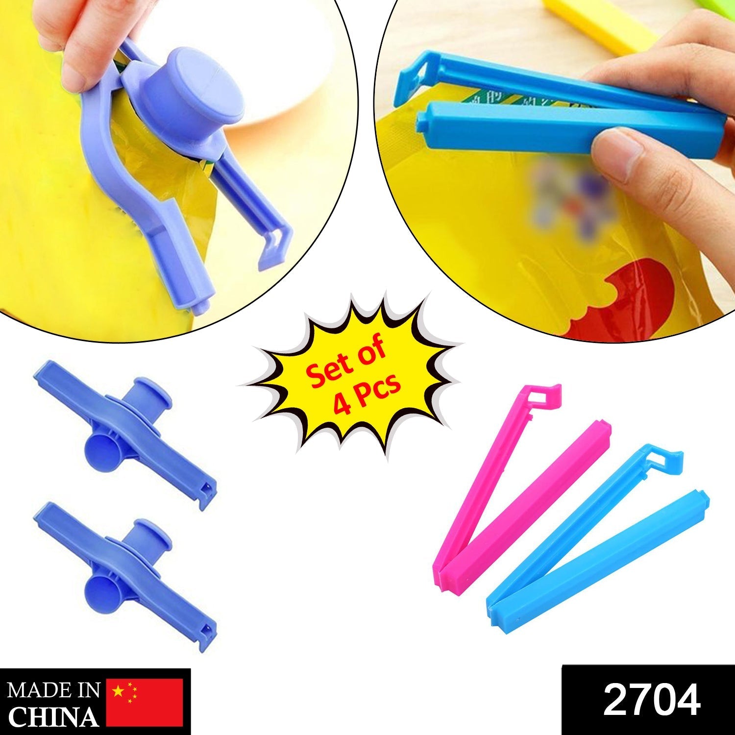 2704 4 Pc Food Sealing Clip used in all kinds of places including household and official, especially for sealing packed food and stuff.