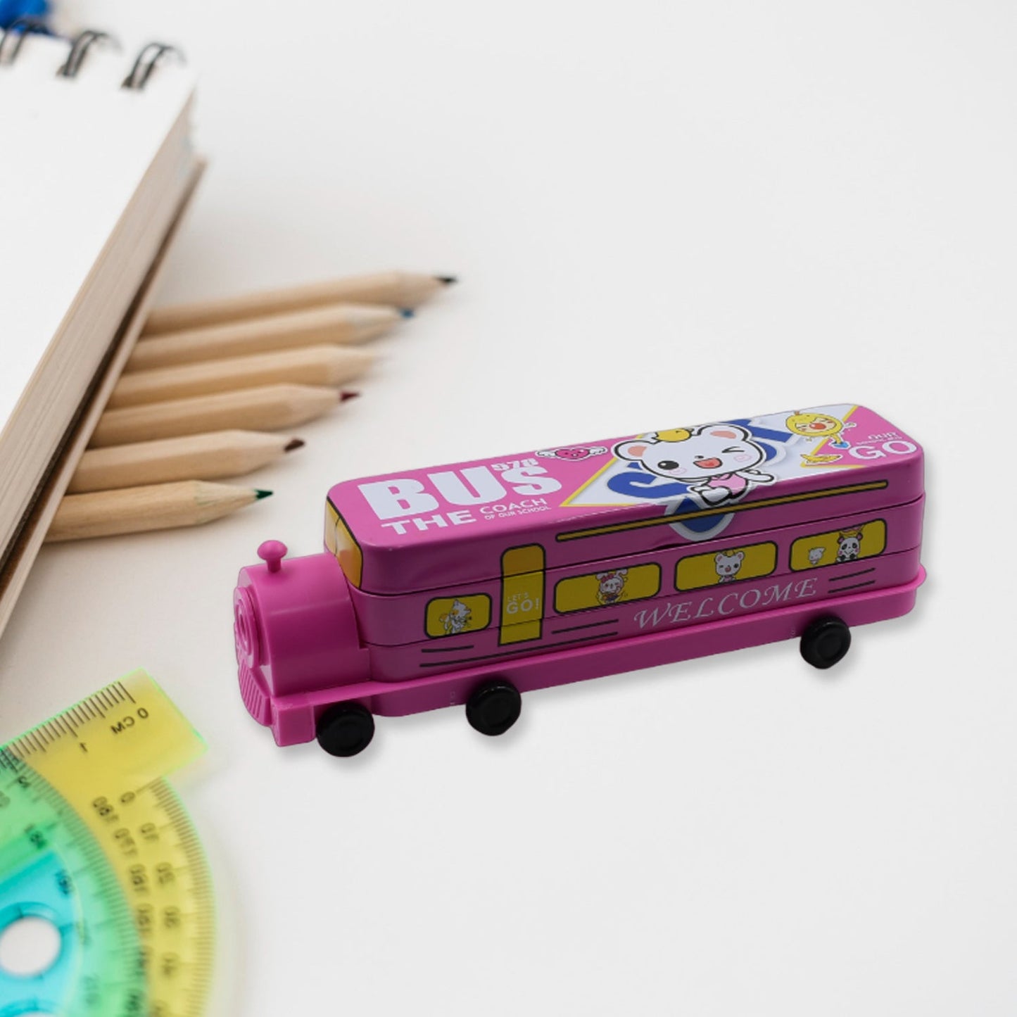Double Decker Magic Bus Compass 2 Layer Metal Bus Compass Pencil Case With Movable Wheels & Sharpener Bus Shape With Tiers Metal Pencil Box For Kids Birthday Party
