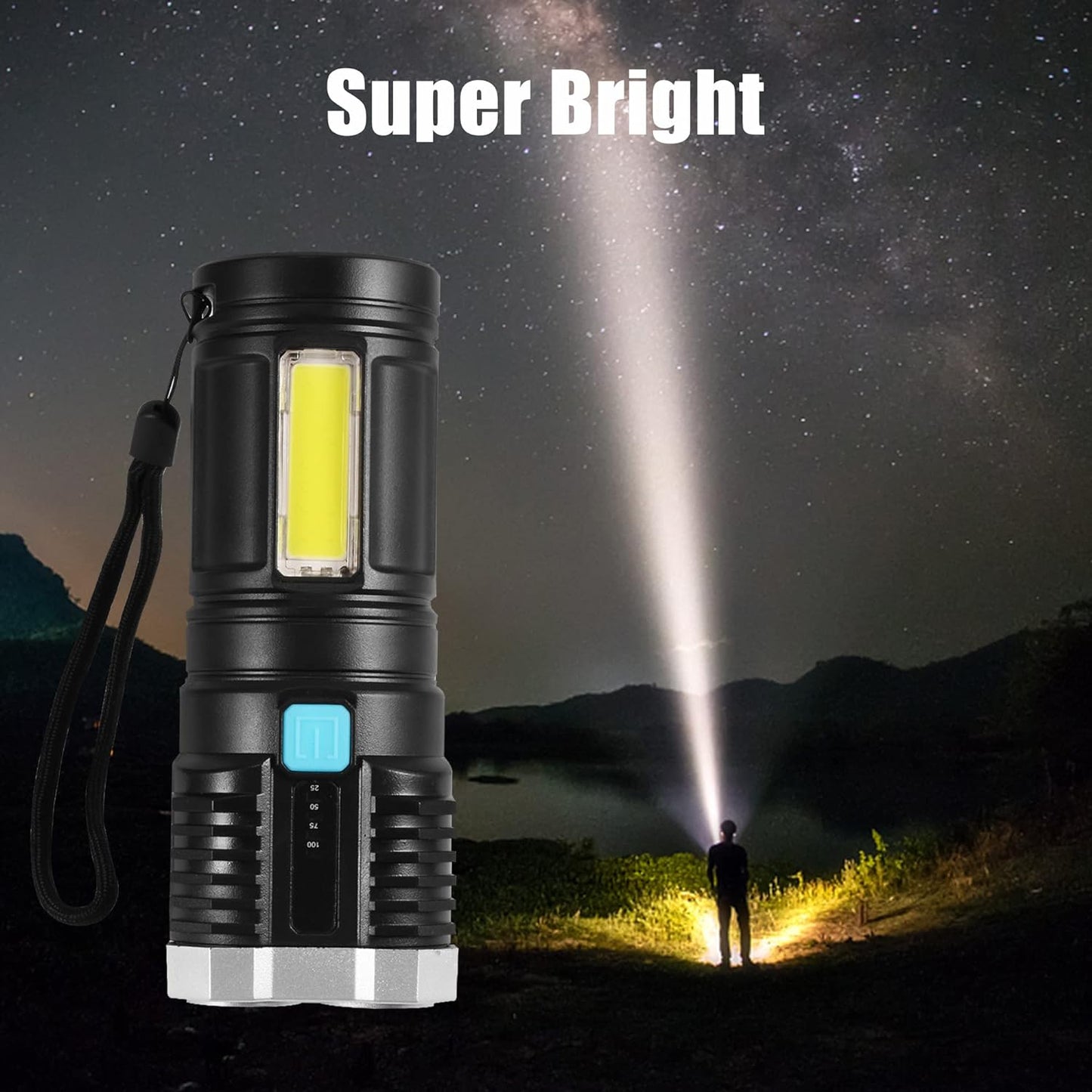 Multifunctional Strong 4 LED Torch Light, Portable Rechargeable Flashlight Long Distance Beam Range 800 Lumens COB Light 4 Mode Emergency for Hiking, Walking, Camping (4 LED Torch)