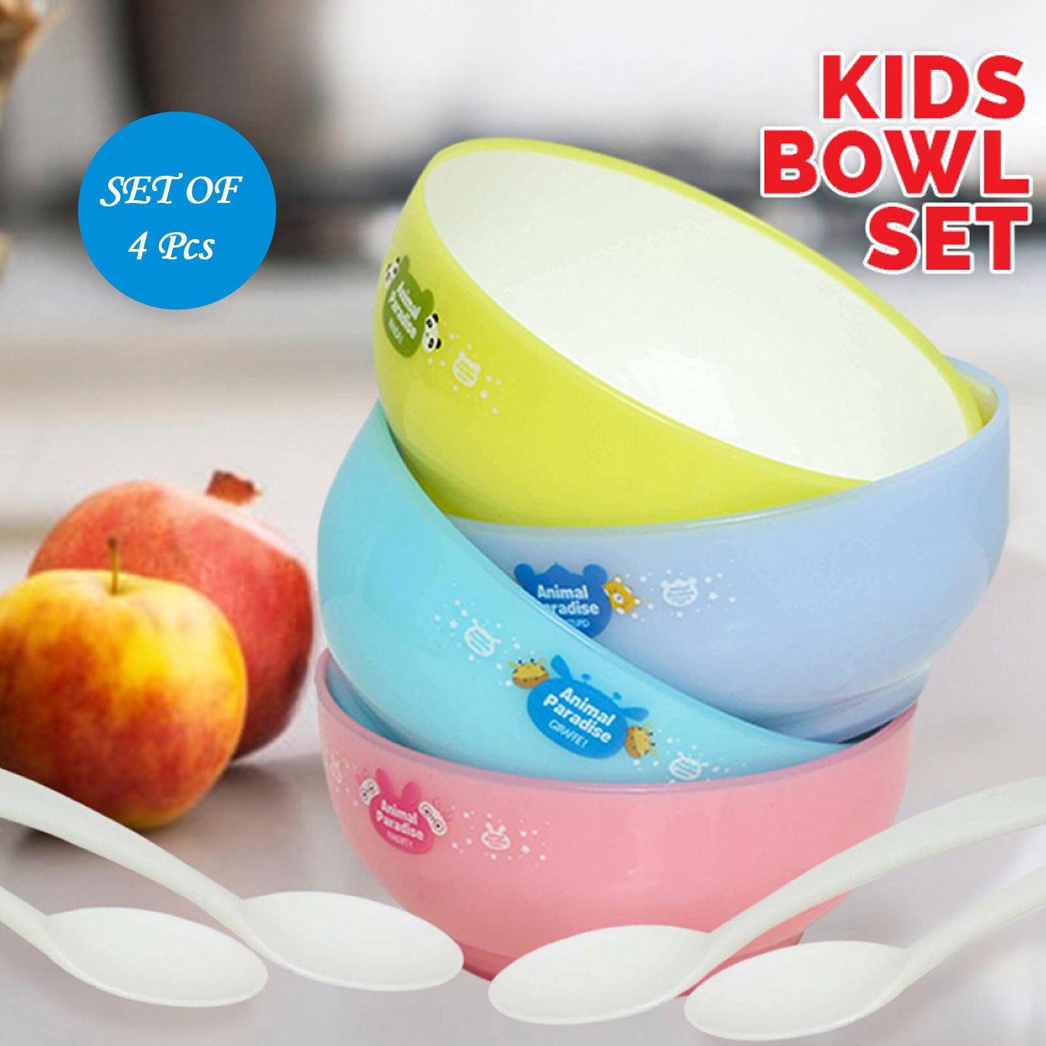 4816 Plastic Animal Cartoon Colorful Bowl set, 4 Pieces Bowl with 4 Spoons for Kids (Assorted Color)