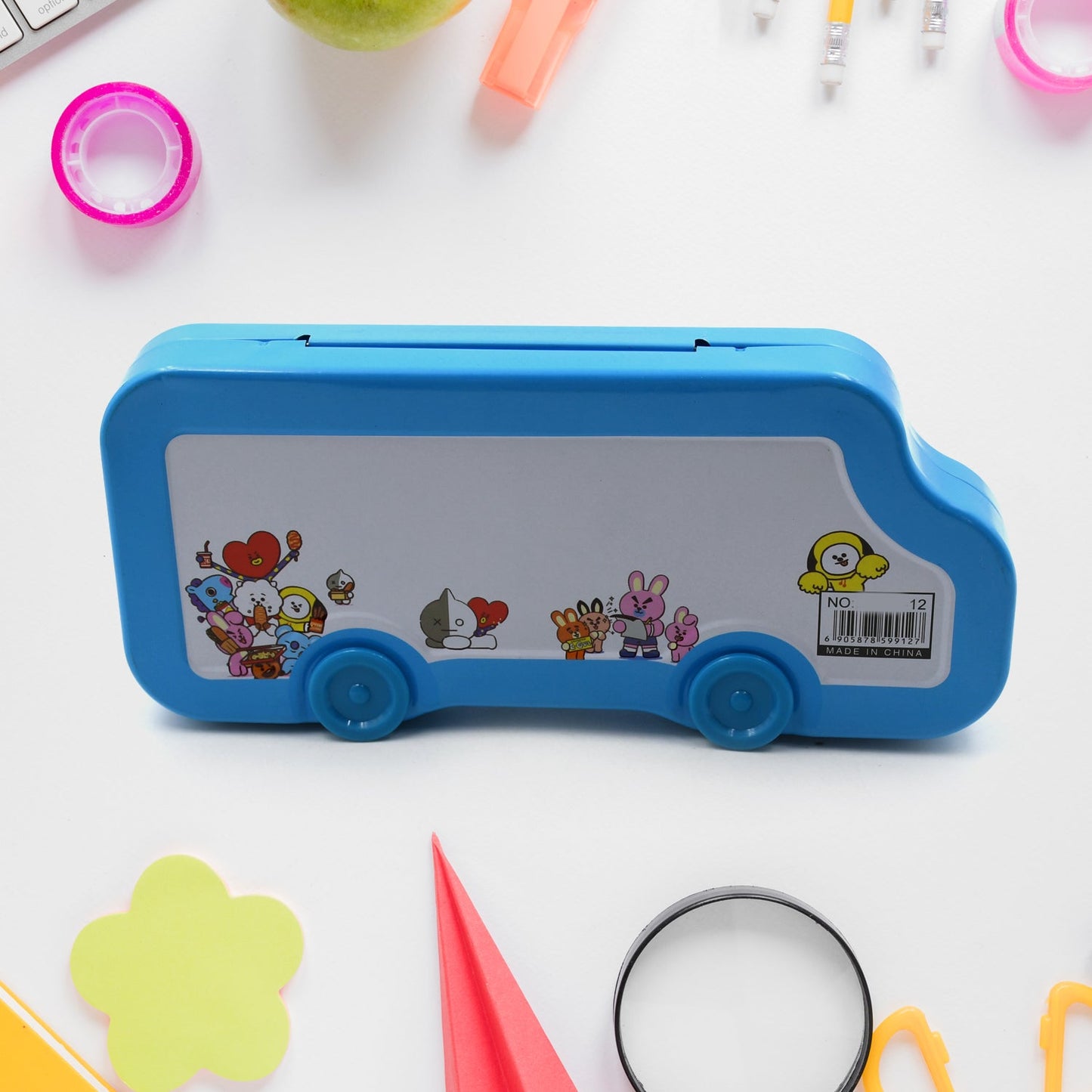 Bus Shape Compass Box for Boys, Kids School Accessories |  Pencil Box  with Wheels for Girls and Kids, String Operated Case Students School Supplies - Stationery Set Organizer Birthday Return Gift for Kids