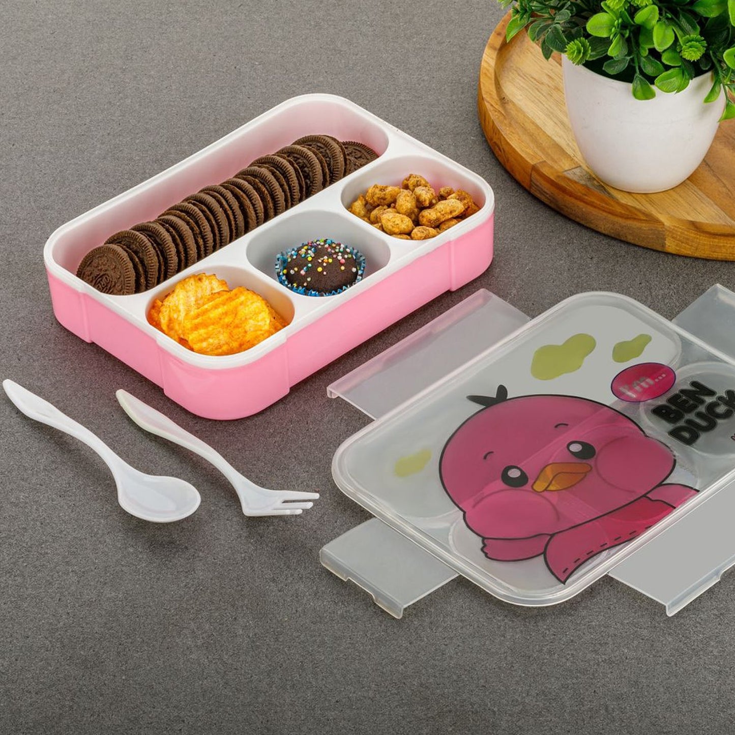Cartoon Design Print 4 Compartment Plastic Lunch Box Air Tight Lunch Box for Office, Bento Box, Leak-Proof, Microwave & Dishwasher Safe, Plastic Lunch Box for School Child, Tiffin Box for Adults with Fork & Spoon