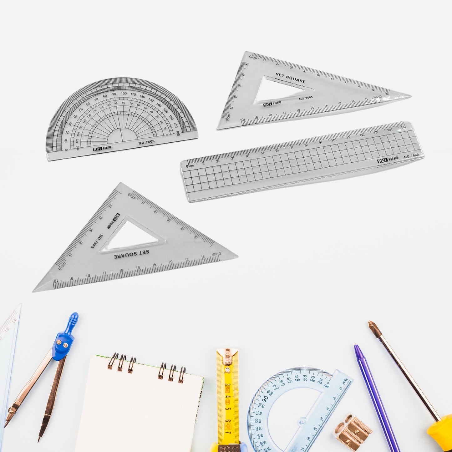 Math Geometry Tool Plastic Clear Ruler Sets, Protractor, Triangle Math Architectural Tools 4 Pieces