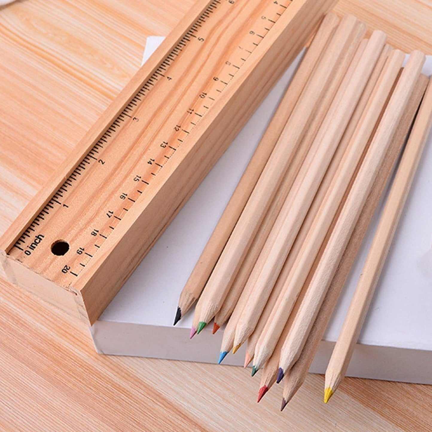 Colorful Wooden Pencil Set with Pencil box, Ruler, Sharpener For for Kids, Artist, Architect