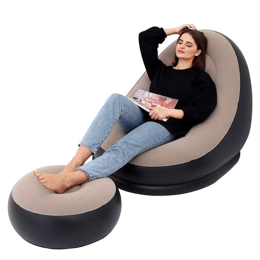 Inflatable Sofa Lounge Chair Ottoman, Blow Up Chaise Lounge Air Sofa, Indoor Flocking Leisure Couch for Home Office Rest, Inflated Recliners Portable Deck Chair for Outdoor Travel Camping Picnic.