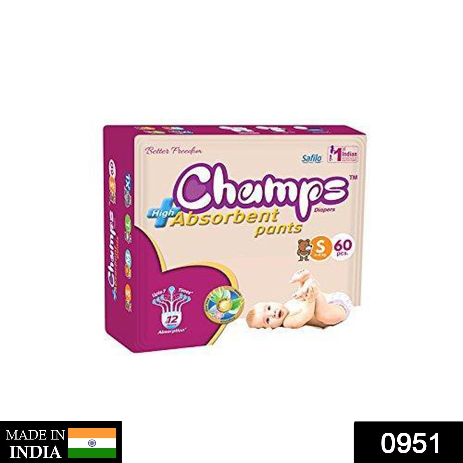 Premium Champs High Absorbent Pant Style Diaper Small Size, 60 Pieces (951_Small_60) Champs