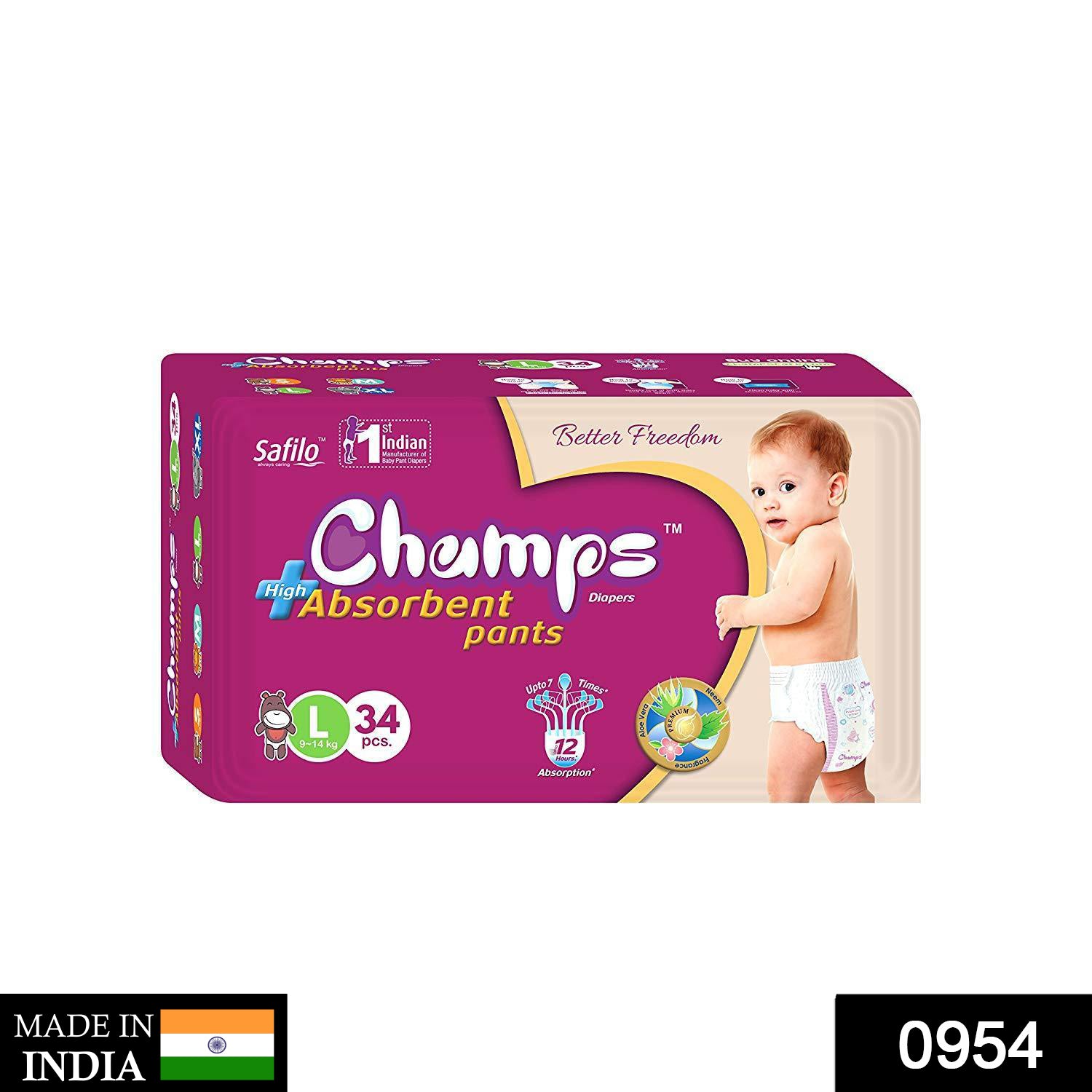 Premium Champs High Absorbent Pant Style Diaper Large Size, 34 Pieces (954_Large_34) Champs