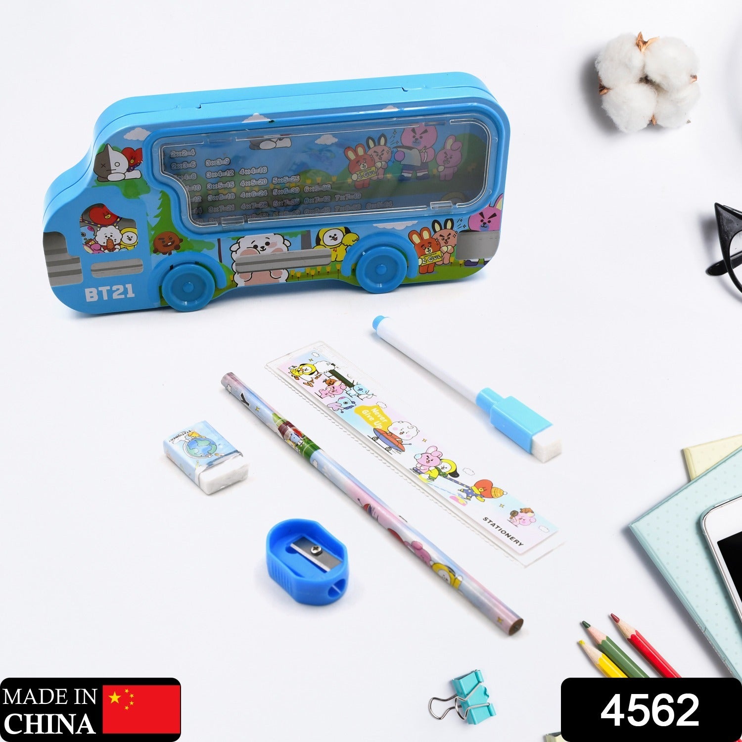 Bus Shape Compass Box for Boys, Kids School Accessories |  Pencil Box  with Wheels for Girls and Kids, String Operated Case Students School Supplies - Stationery Set Organizer Birthday Return Gift for Kids