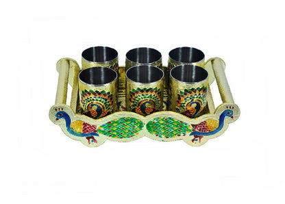 Peacock Design Glass with Handle and Handicraft Serving Tray Set