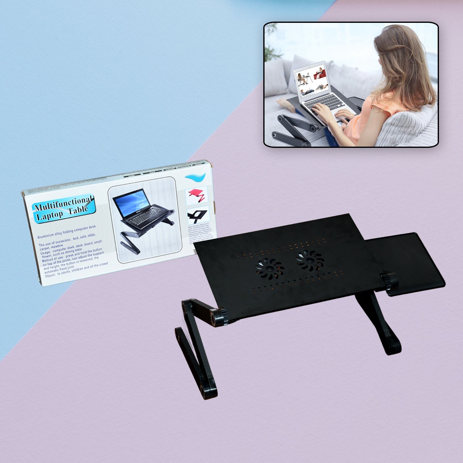 Modern Style Portable Adjustable Foldable Laptop Holder Notebook Desks Lap PC Folding Desk Table Vented Stand  2 Built in Cooling Fans