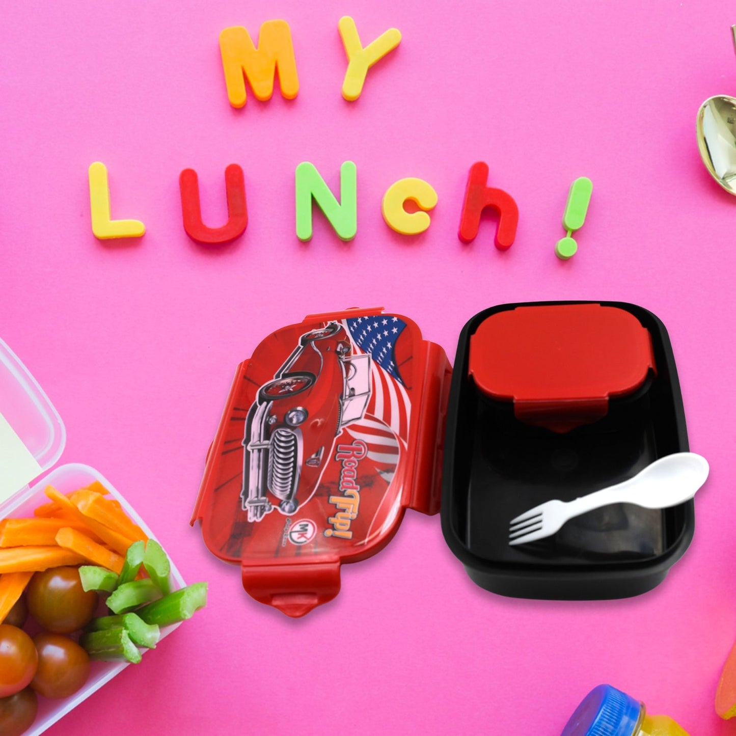 Beautiful Car Design Printed Plastic Lunch Box With Inside Small Box & Spoon for Kids, Air Tight Lunch Tiffin Box for Girls Boys, Food Container, Specially Designed for School Going Boys and Girls