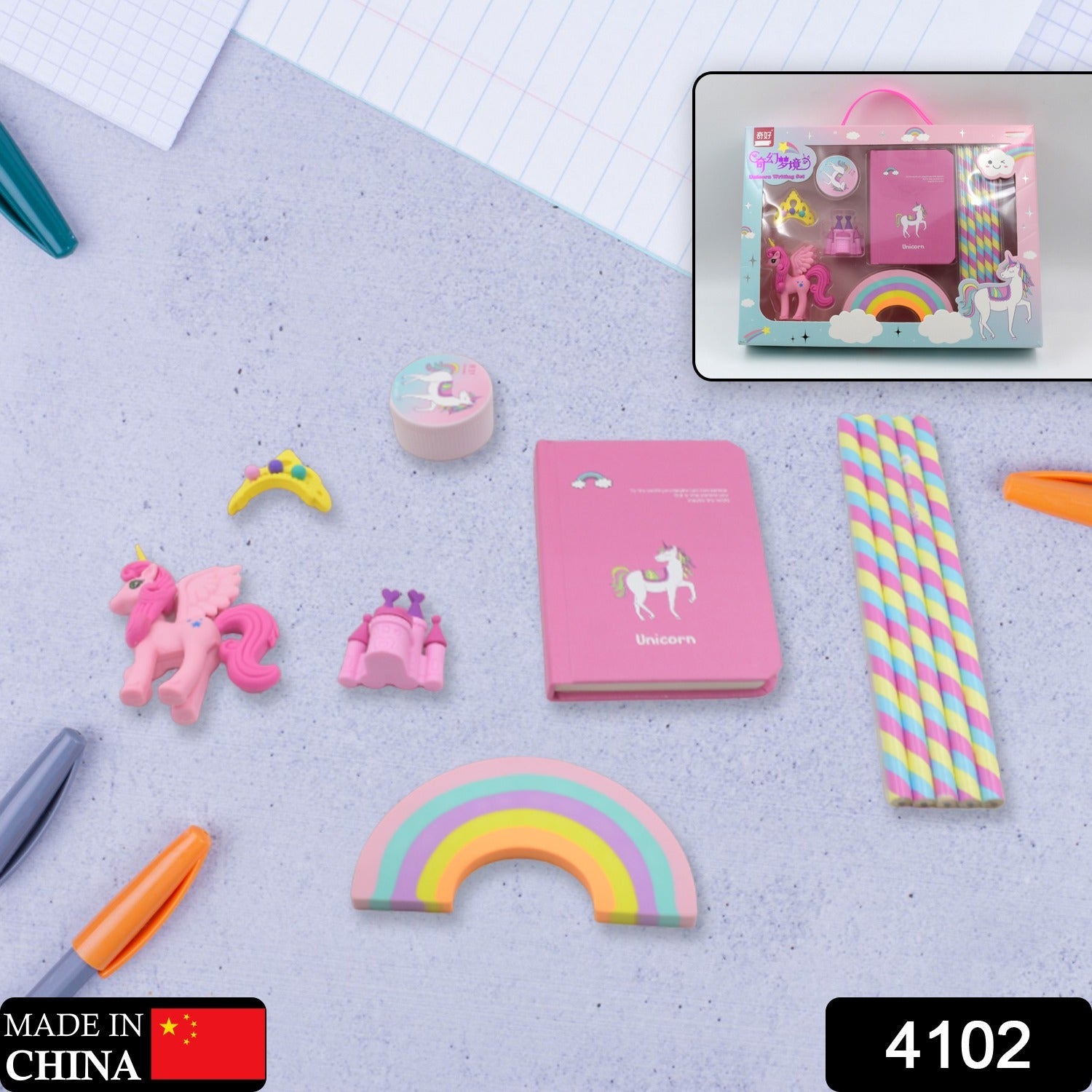 Unicorn Stationery Writing Set - Unicorn Diary, Pencils, Sharpener, Unique Erasers for Girls Ages 4-11 Years Old Birthday Party Return Gift Set for Girls Kids (11 Pc Set)