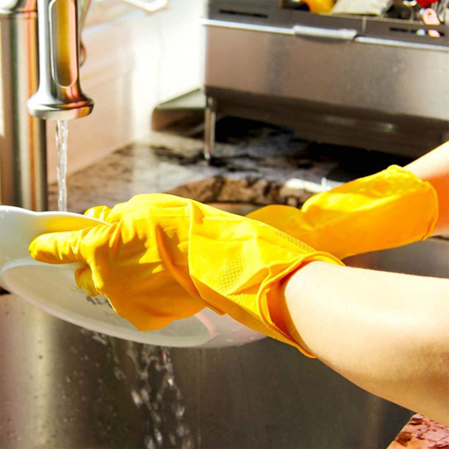 4854 2 pair med yellow gloves For Types Of Purposes Like Washing Utensils, Gardening And Cleaning Toilet Etc.