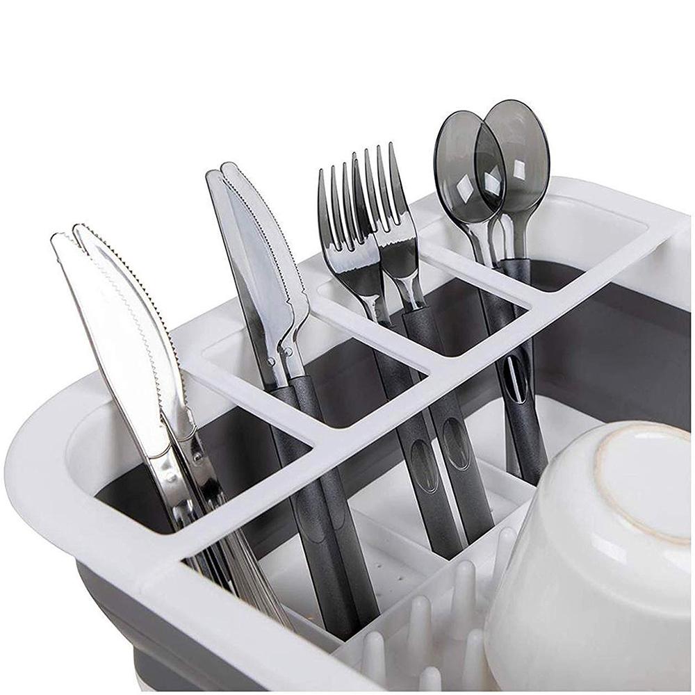 0804B Collapsible Folding Silicone Dish Drying Drainer Rack with Spoon Fork Knife Storage Holder (Brown Box)