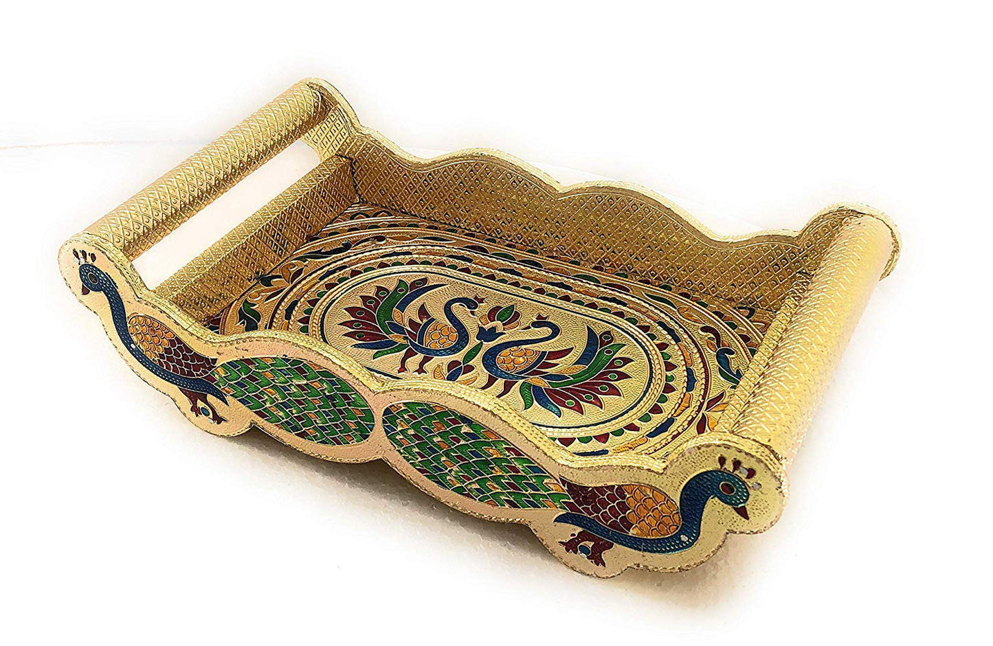 Peacock Design Glass with Handle and Handicraft Serving Tray Set