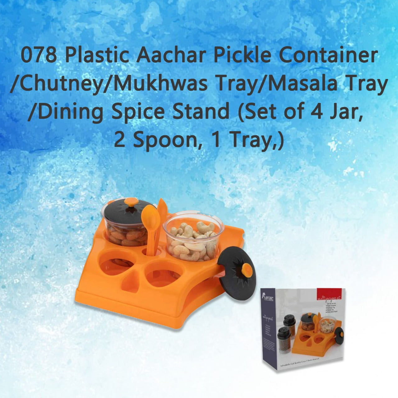 Plastic Aachar Pickle Container/Chutney/Mukhwas Tray/Masala Tray/Dining Spice Stand (Set of 4 Jar, 2 Spoon, 1 Tray) 