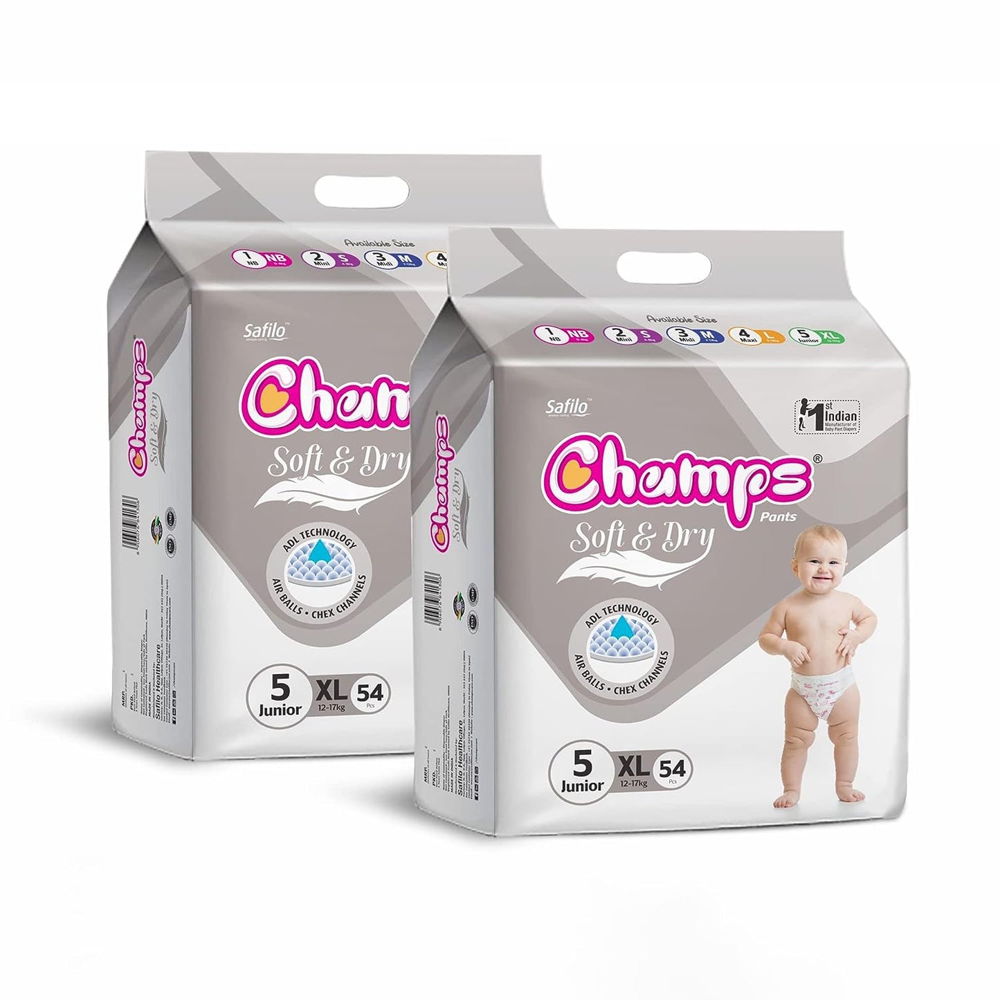 Baby Diaper High Absorbent Pant Diapers, Champs Soft and Dry Baby Diaper Pants XL 54 Pcs (Extra Large, XL54 Pieces)