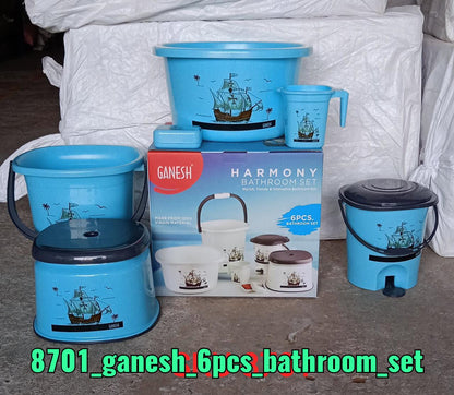 8701 Plastic Bathroom Accessories Set 6 pcs Bath Set Bathroom Bucket with Dustbin Mug, Stool, Soap Case, Tub